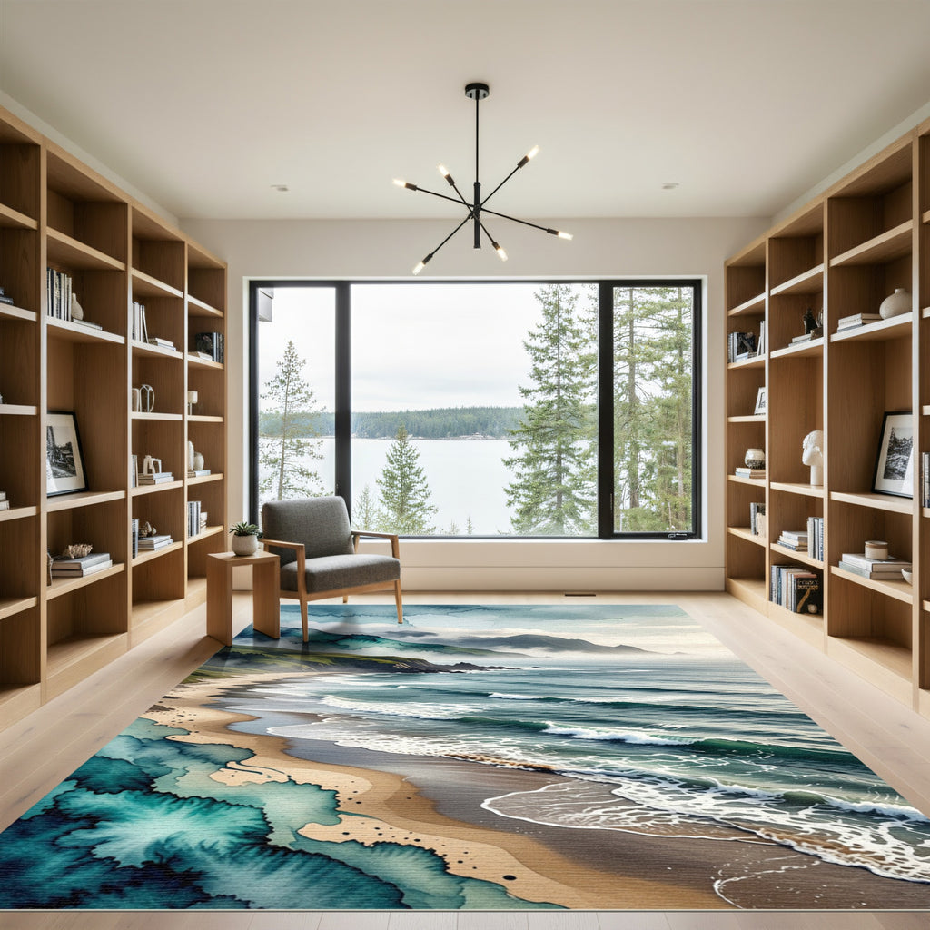 Misty Coastal Mountain Shore Watercolor Rug