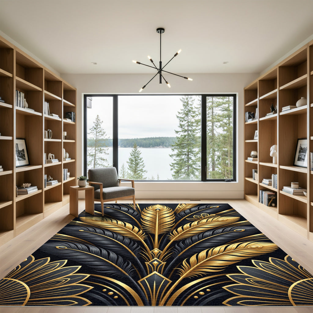 Elegant Black Gold Feather Radiance Rug
