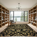 Elegant Gold Floral Damask Botanical Black Rug