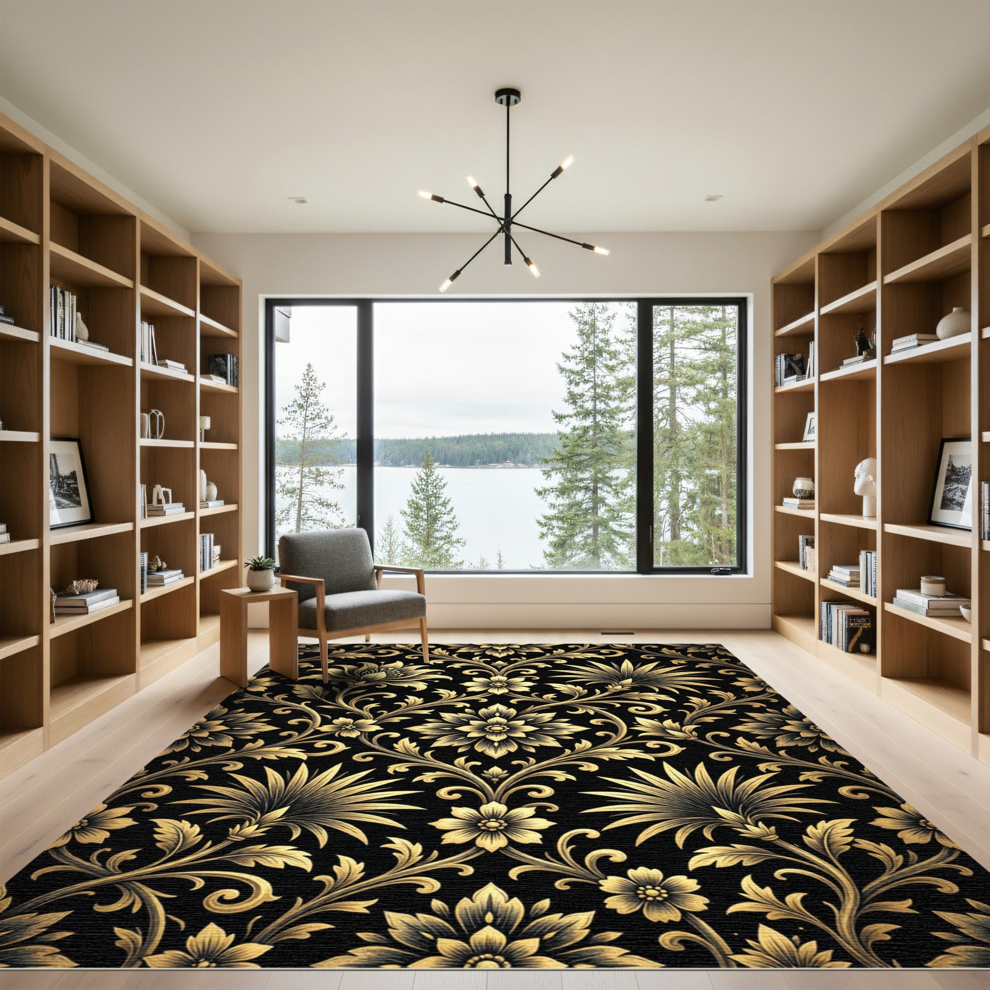 Elegant Gold Floral Damask Botanical Black Rug