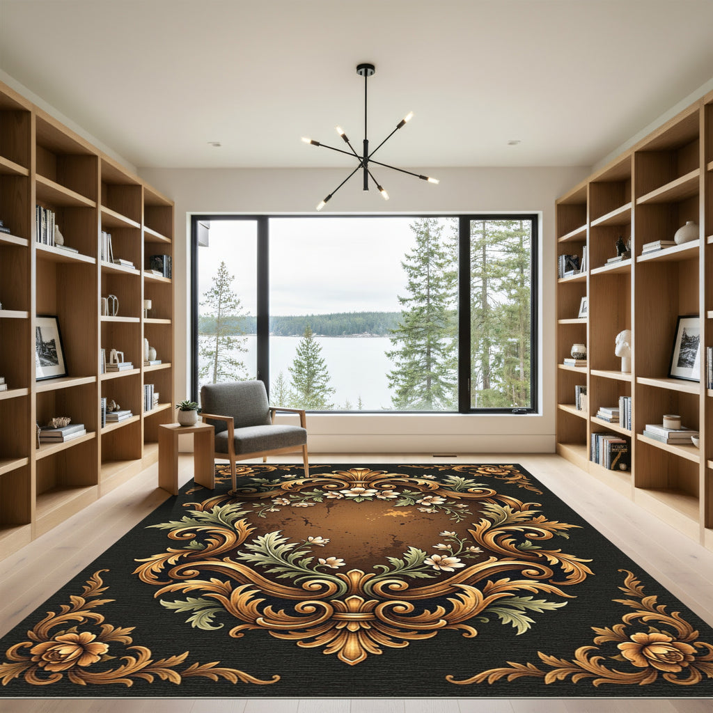 Ornate Golden Floral Leaf Scroll Rug