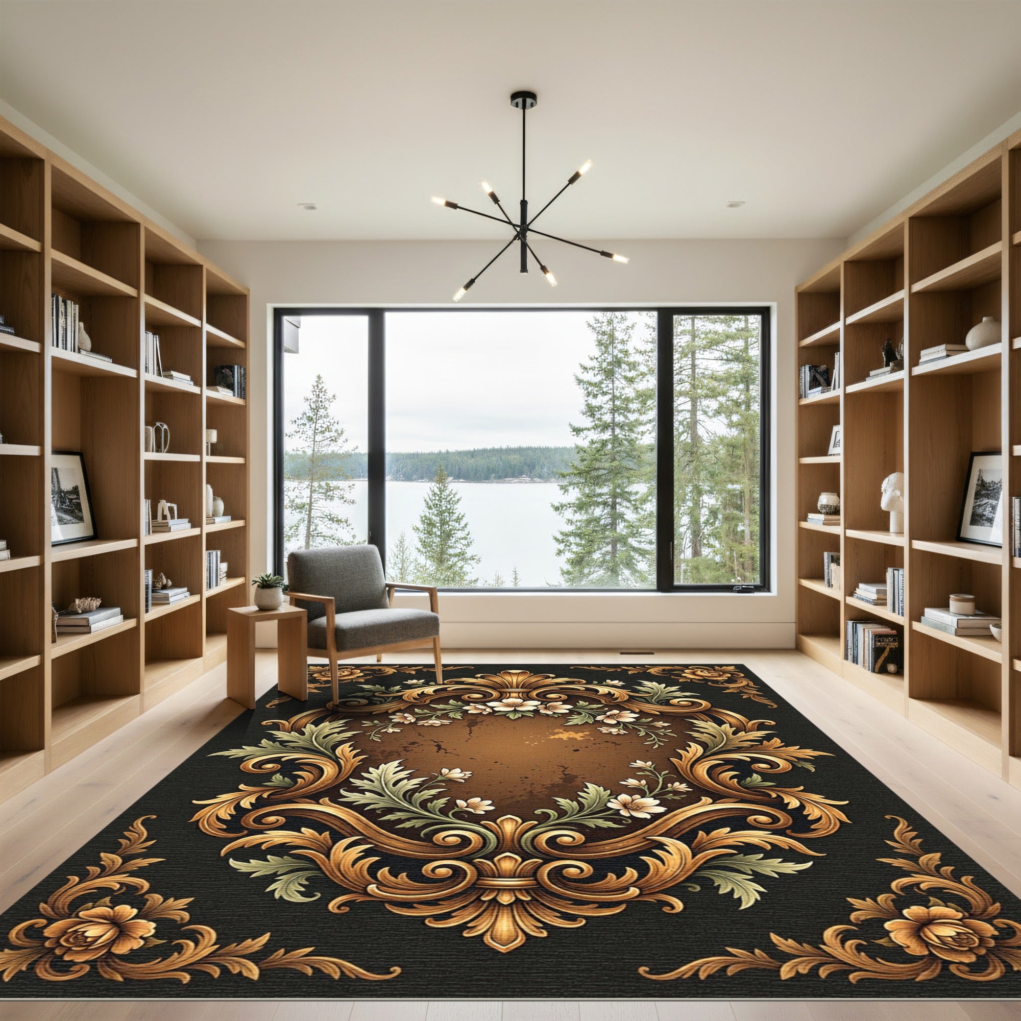 Ornate Golden Floral Leaf Scroll Rug