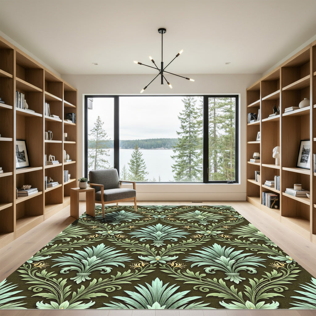 Jade Green Floral Acanthus Damask Rug