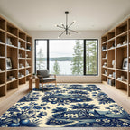 Blue Toile Countryside Landscape Floral Rug