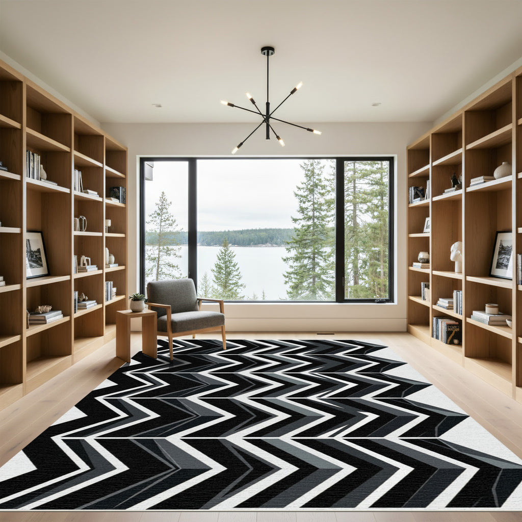 Modern Monochromatic Chevron Linear Art Rug