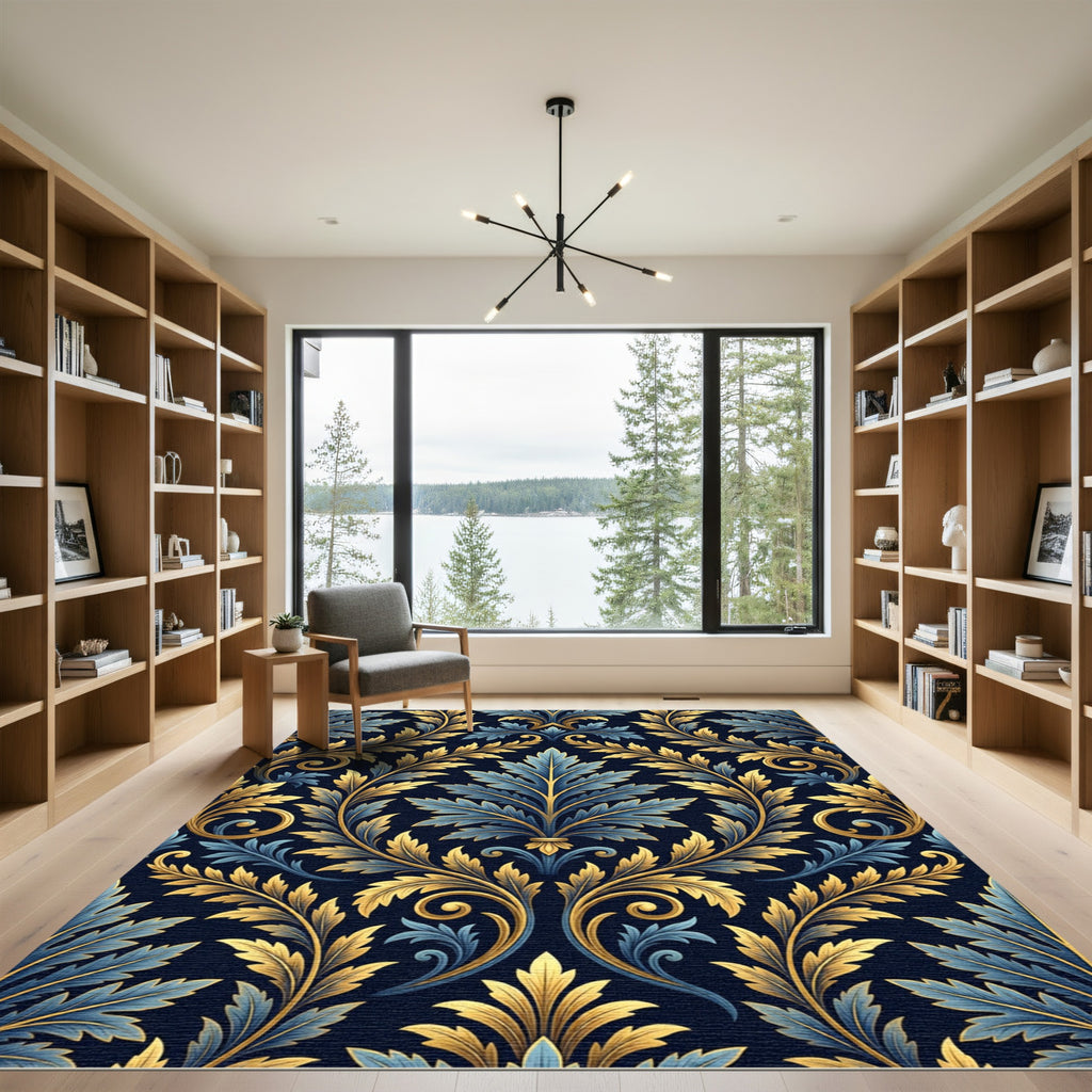 Elegant Gold and Navy Damask Foliage Rug