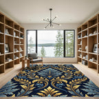 Elegant Gold and Navy Damask Foliage Rug