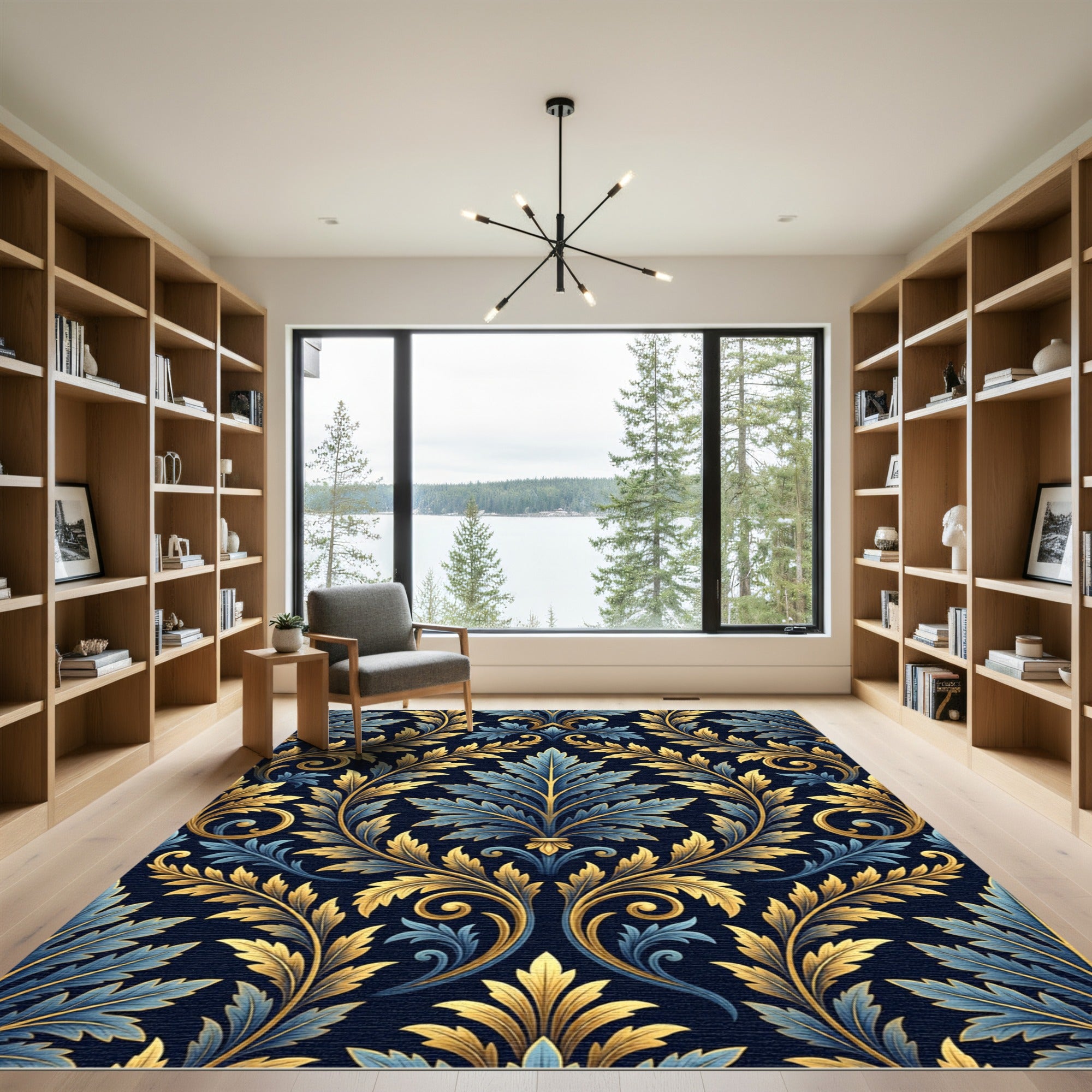 Elegant Gold and Navy Damask Foliage Rug