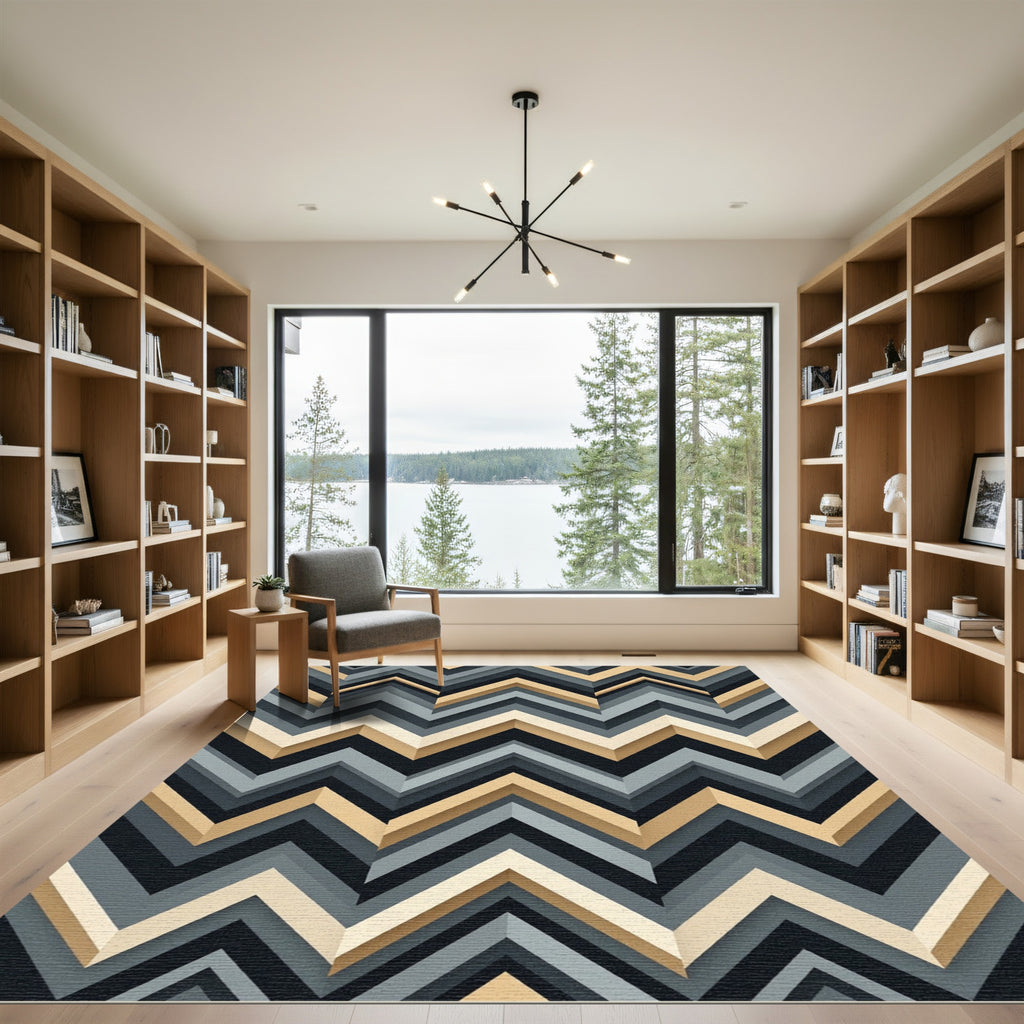 Sophisticated Golden Charcoal Geometric Chevron Rug