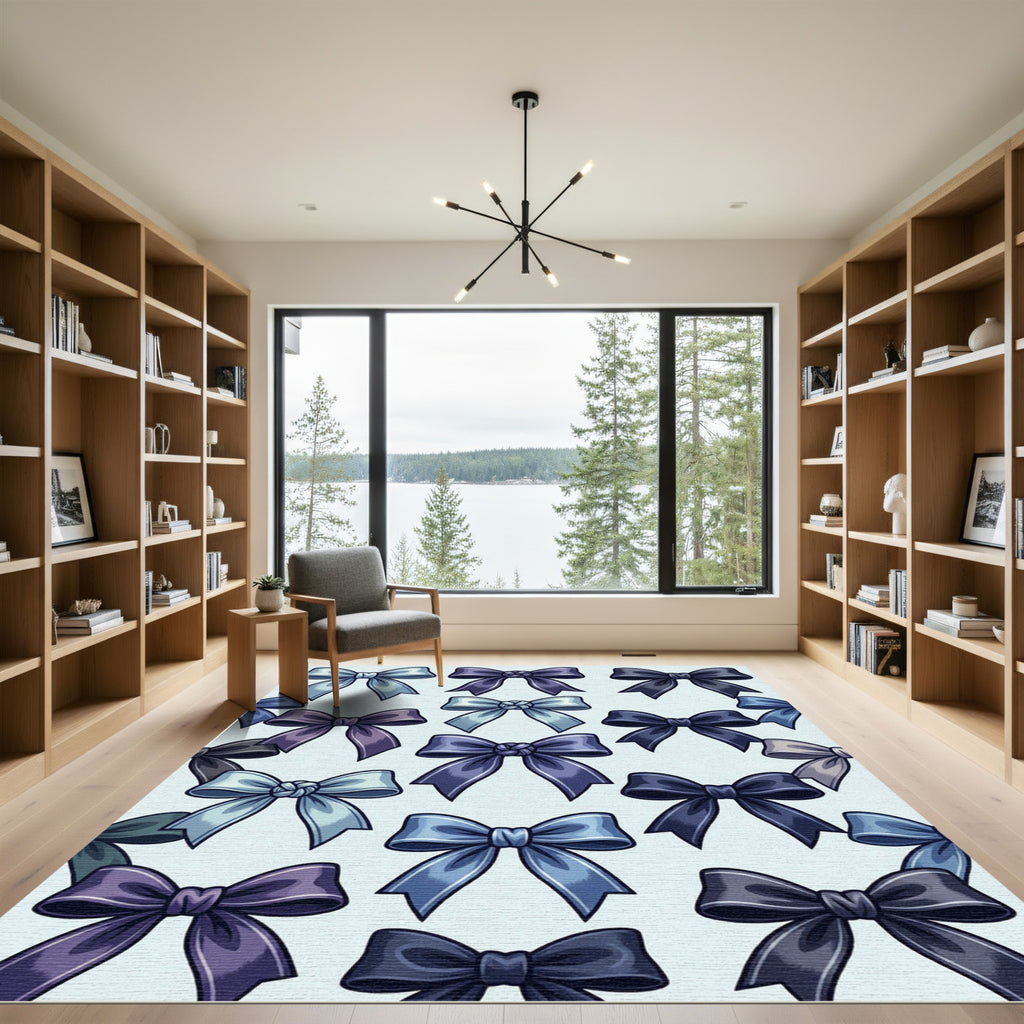 Elegant Blue Ribbon Bow Illustration Rug