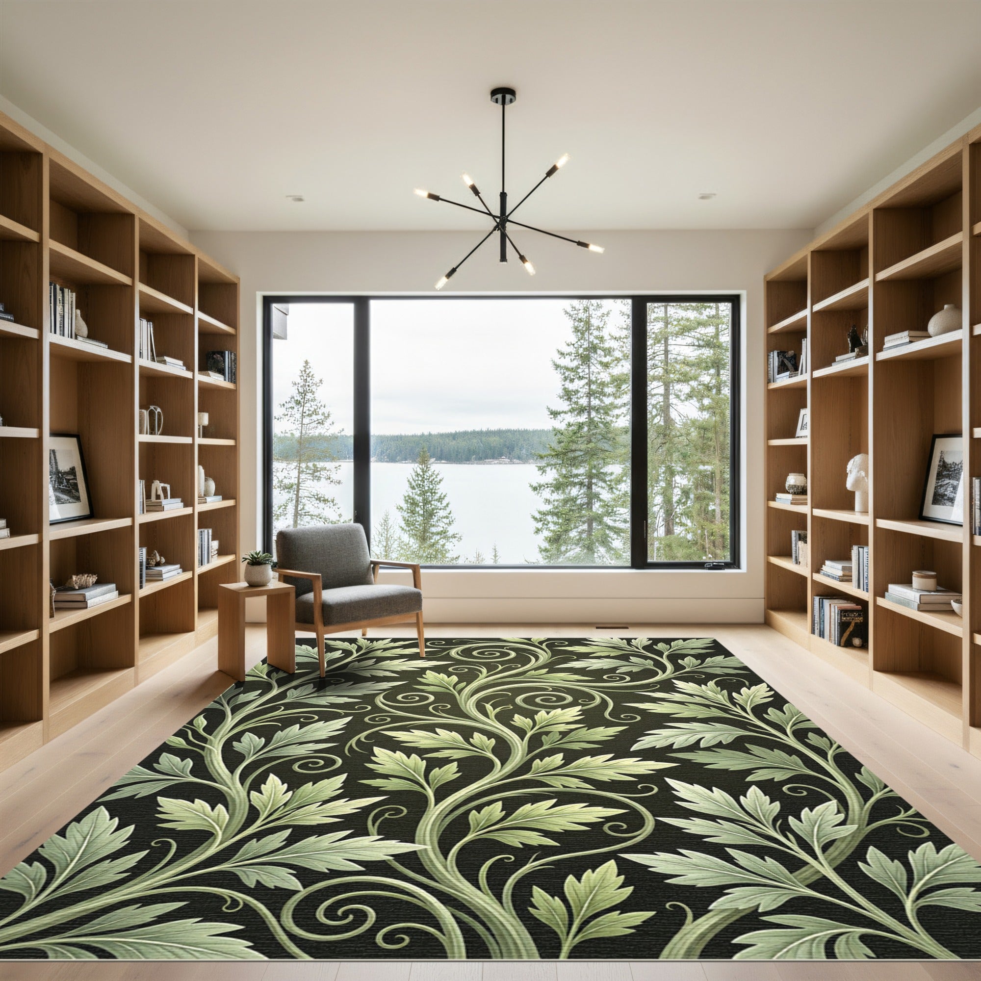 Elegant Olive Leaf Scroll Illustration Rug