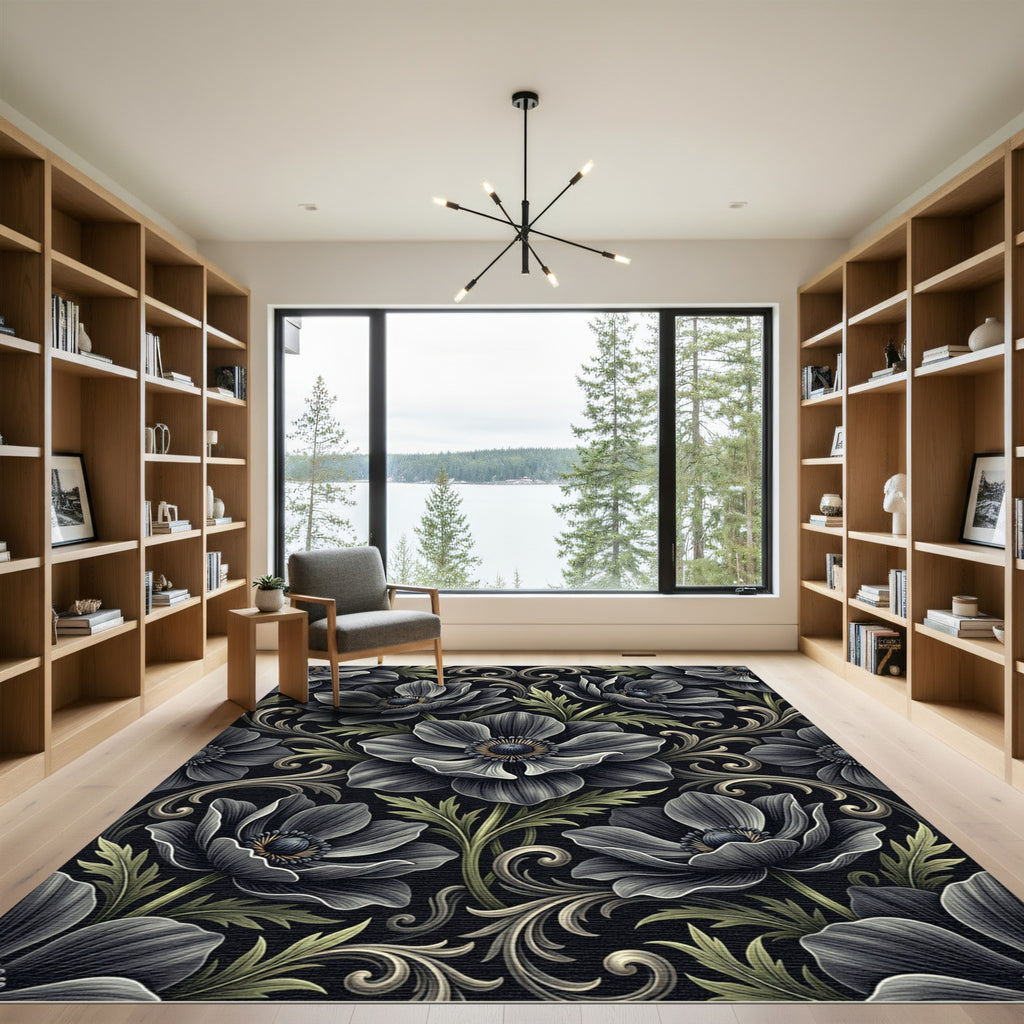 Dark Floral Scrollwork Anemone Rug