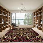 Gold and Crimson Baroque Scrollwork Rug