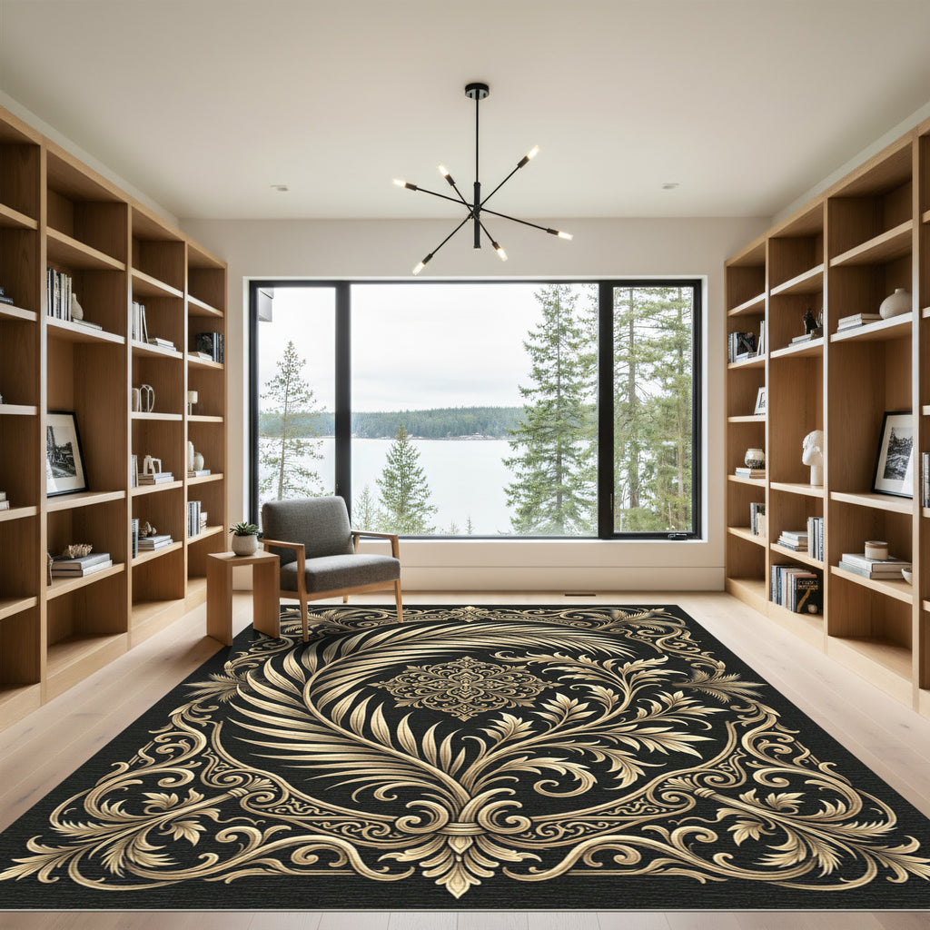 Golden Palm Frond Baroque Swirl Rug