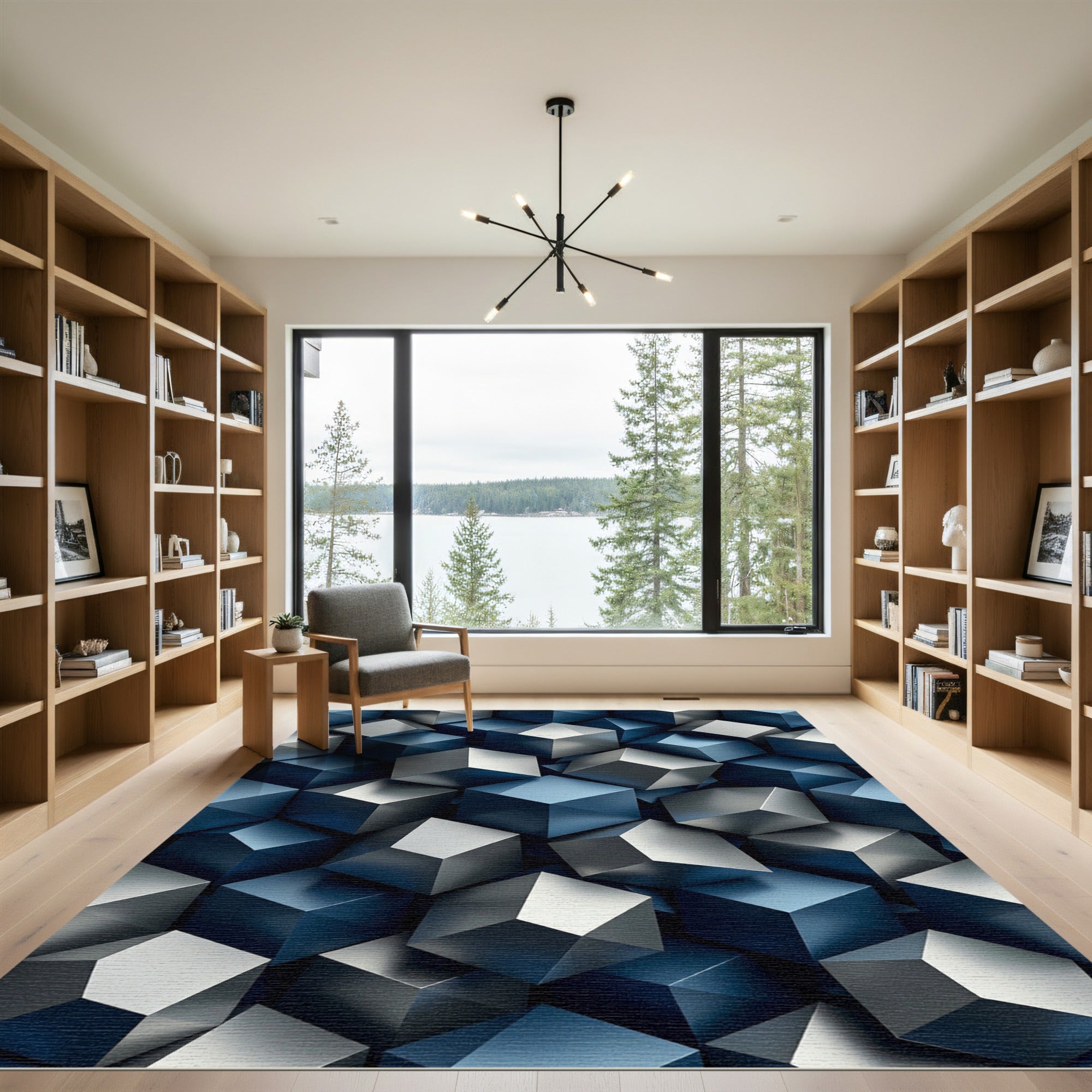 Modern Metallic Blue Geometric Cube Block Rug