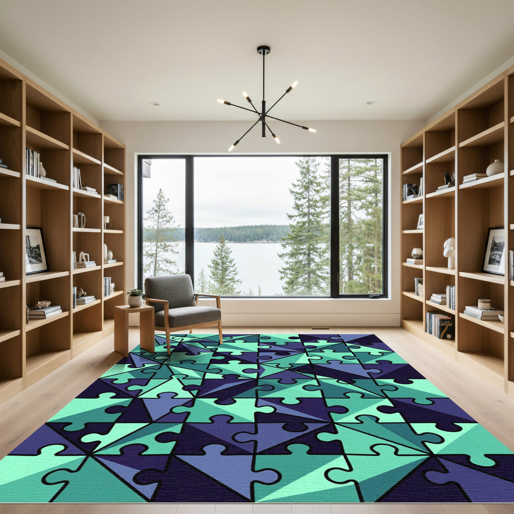 Geometric Teal and Navy Jigsaw Tile Rug