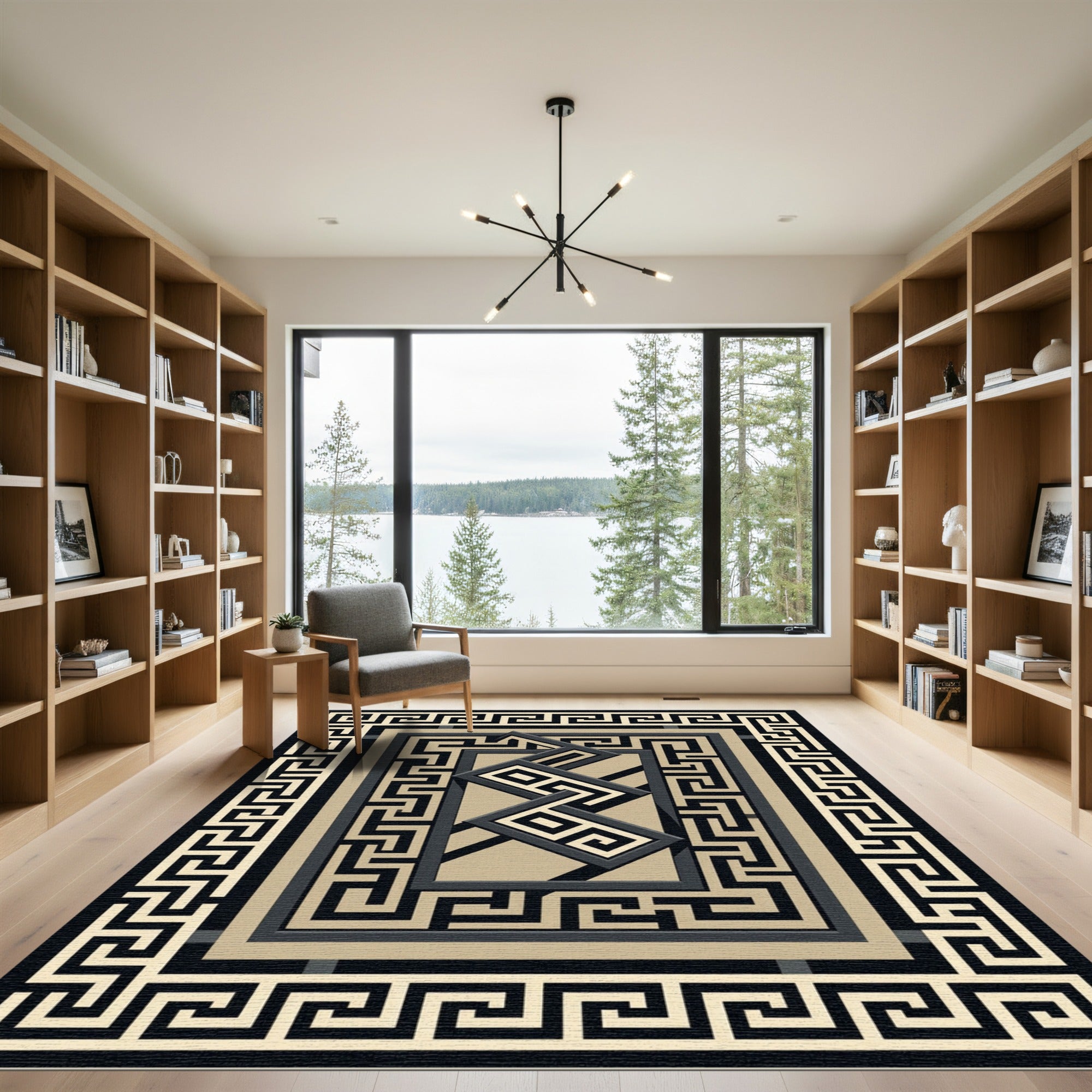 Black and Beige Geometric Greek Key Rug