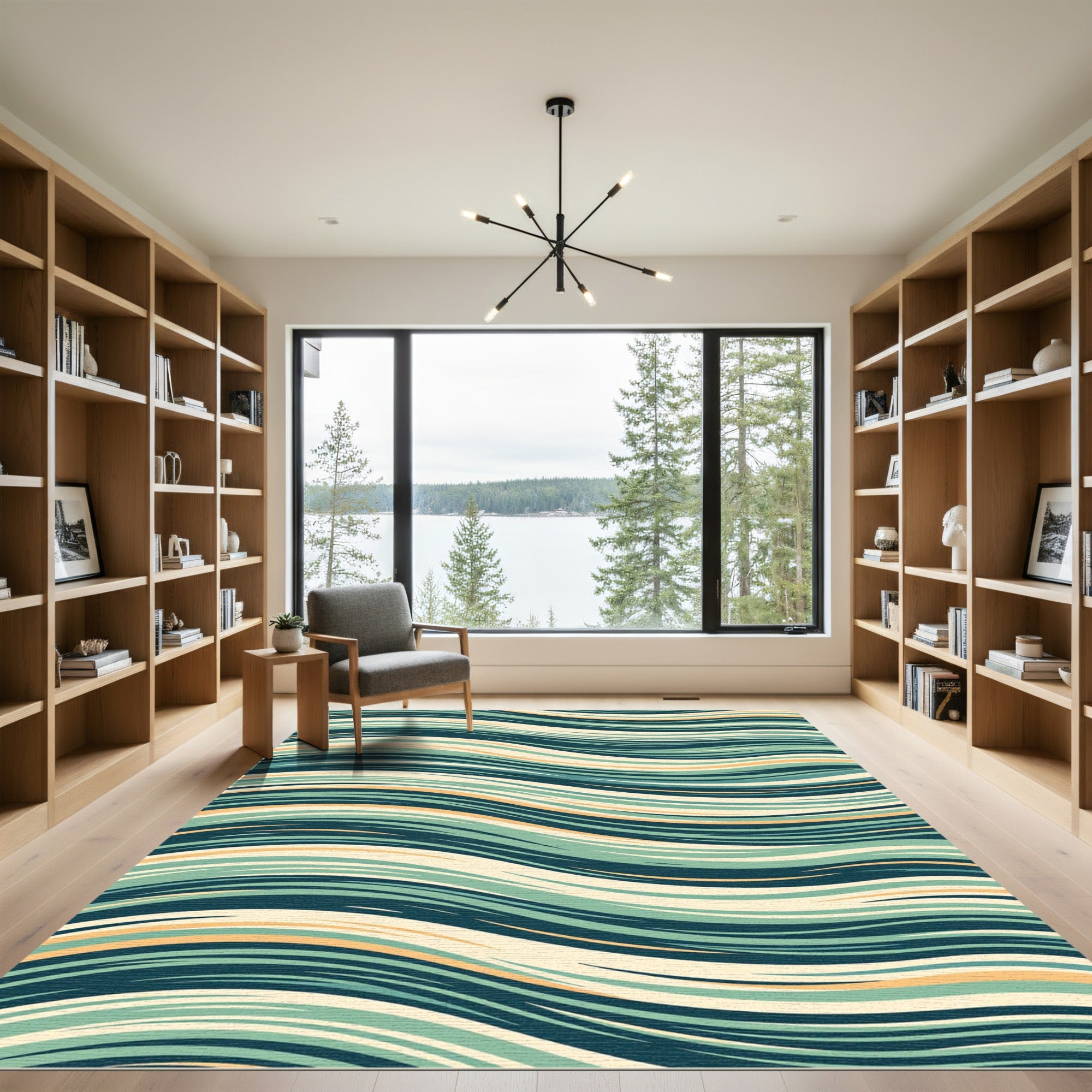Sage and Teal Mid-Century Wavy Stripe Rug