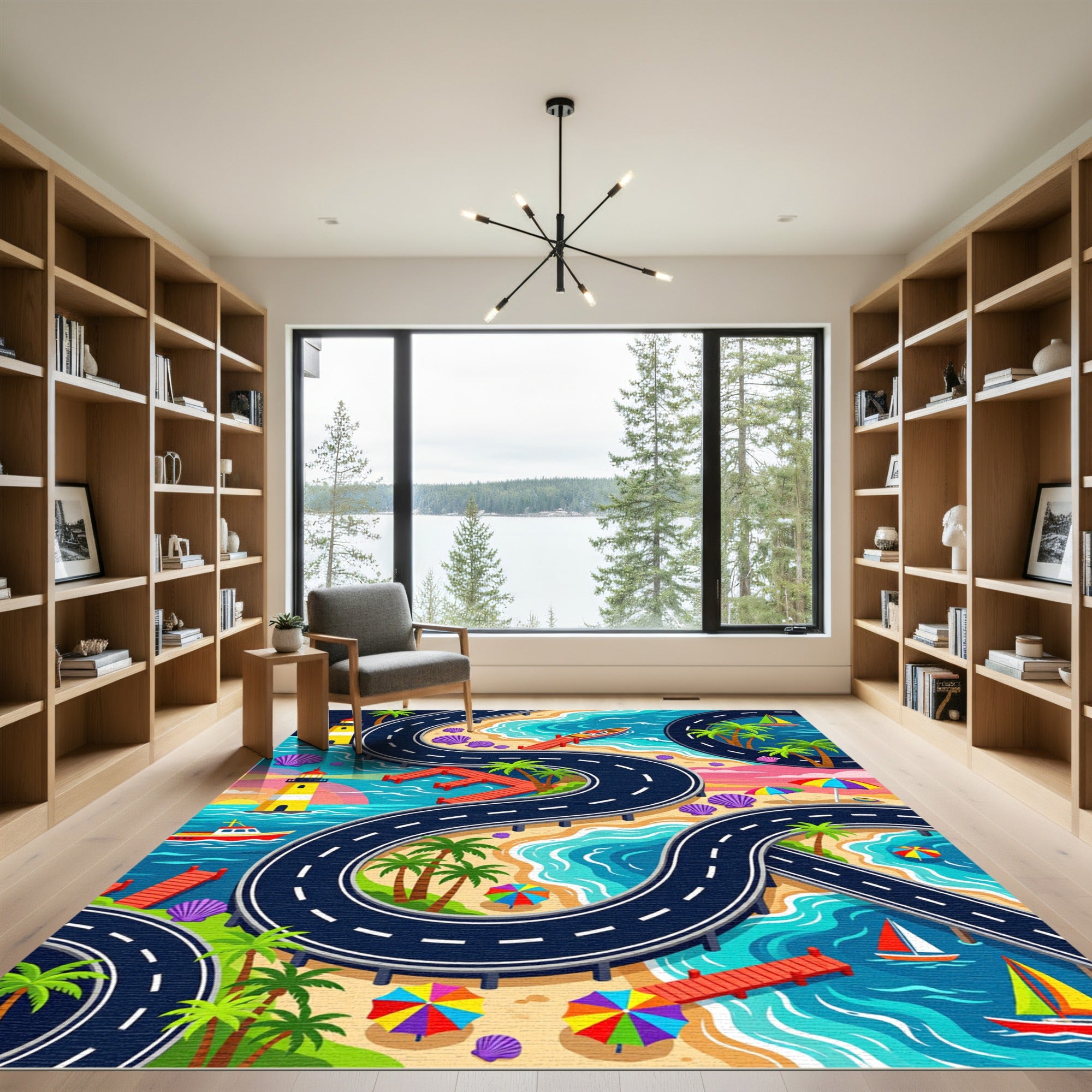 Vibrant Tropical Coastal Lighthouse Roadway Rug