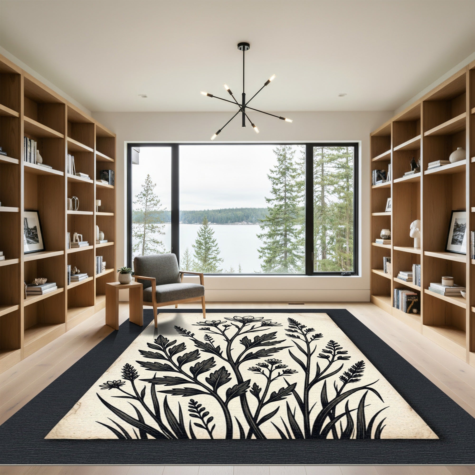 Vintage Black Botanical Floral Arrangement Rug