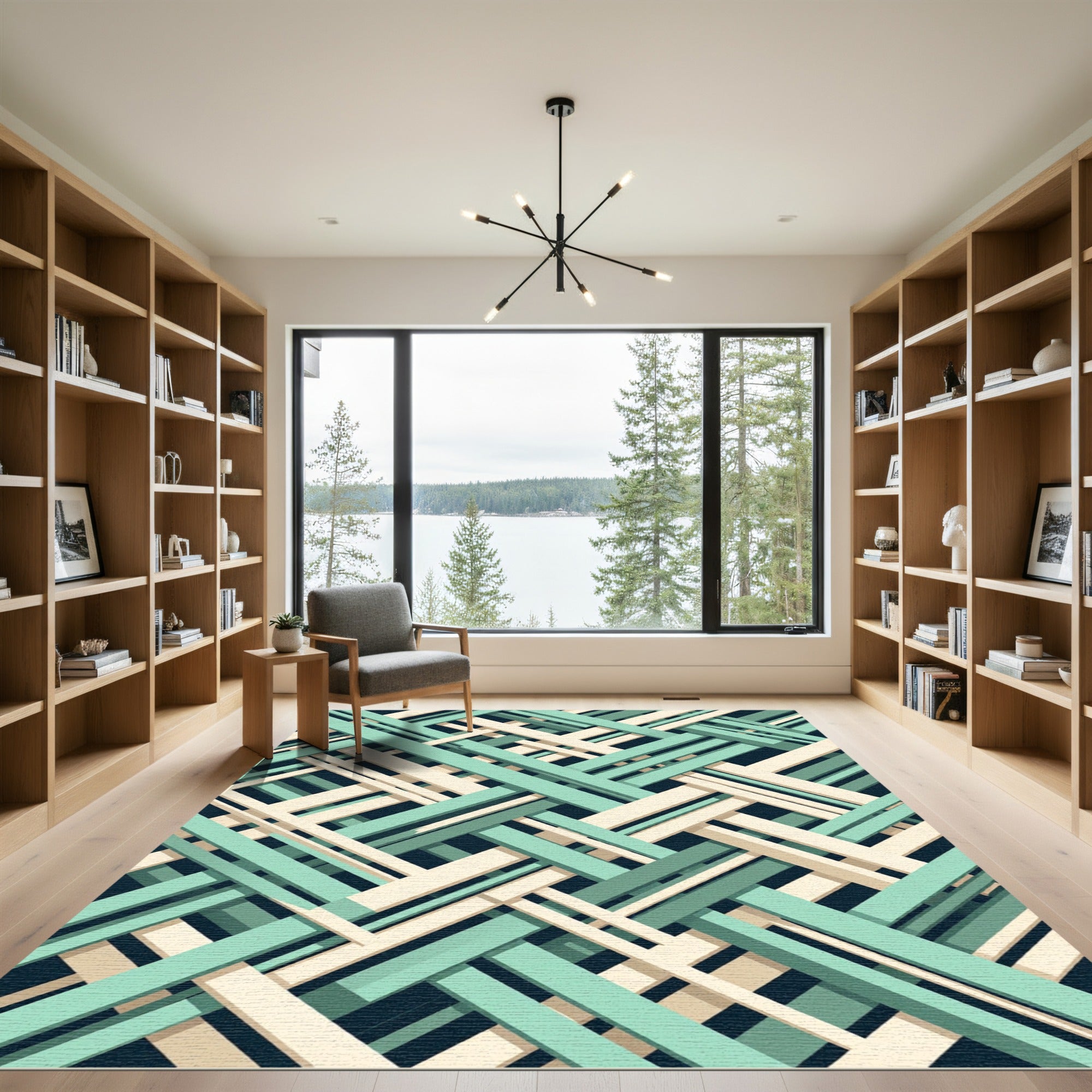 Geometric Sage and Cream Interwoven Grid Rug