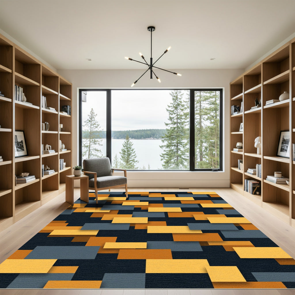 Modern Geometric Ochre and Charcoal Block Rug