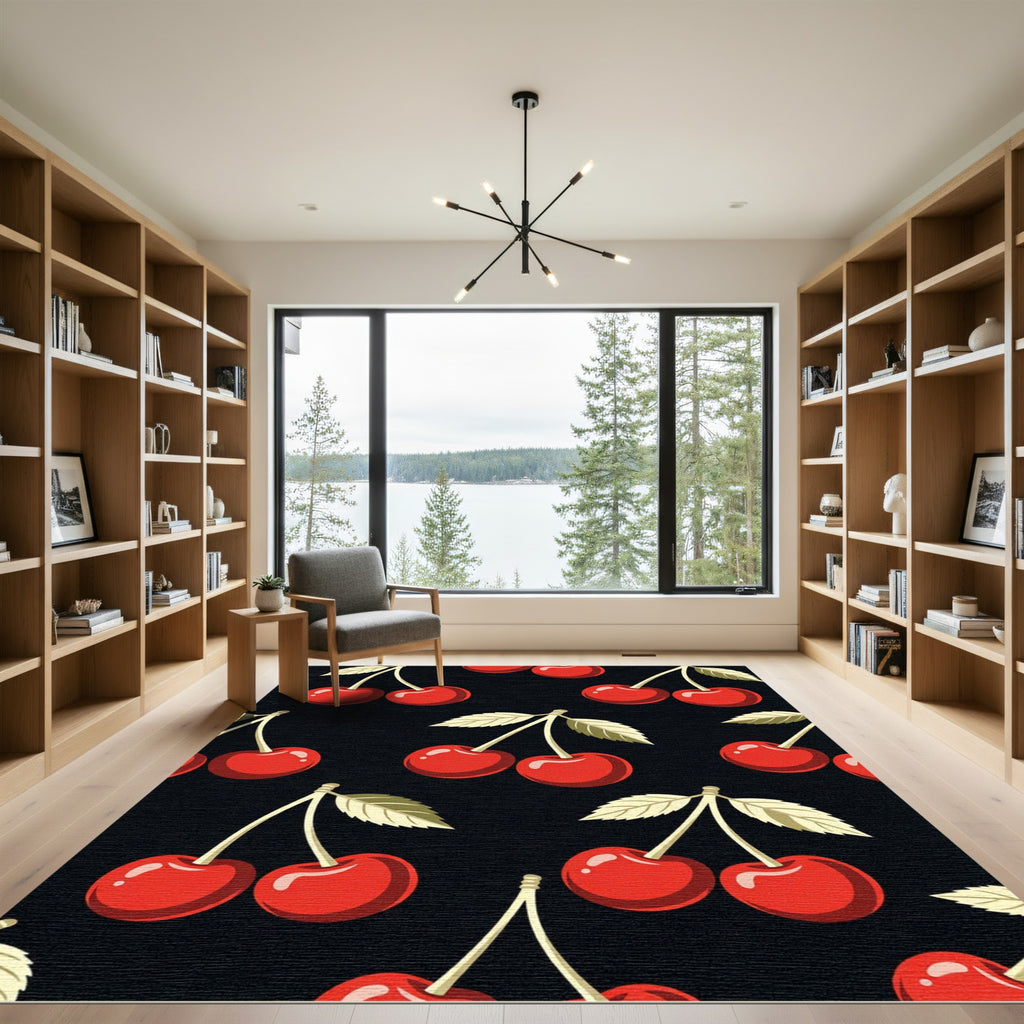 Vintage Red Cherry Black Background Rug