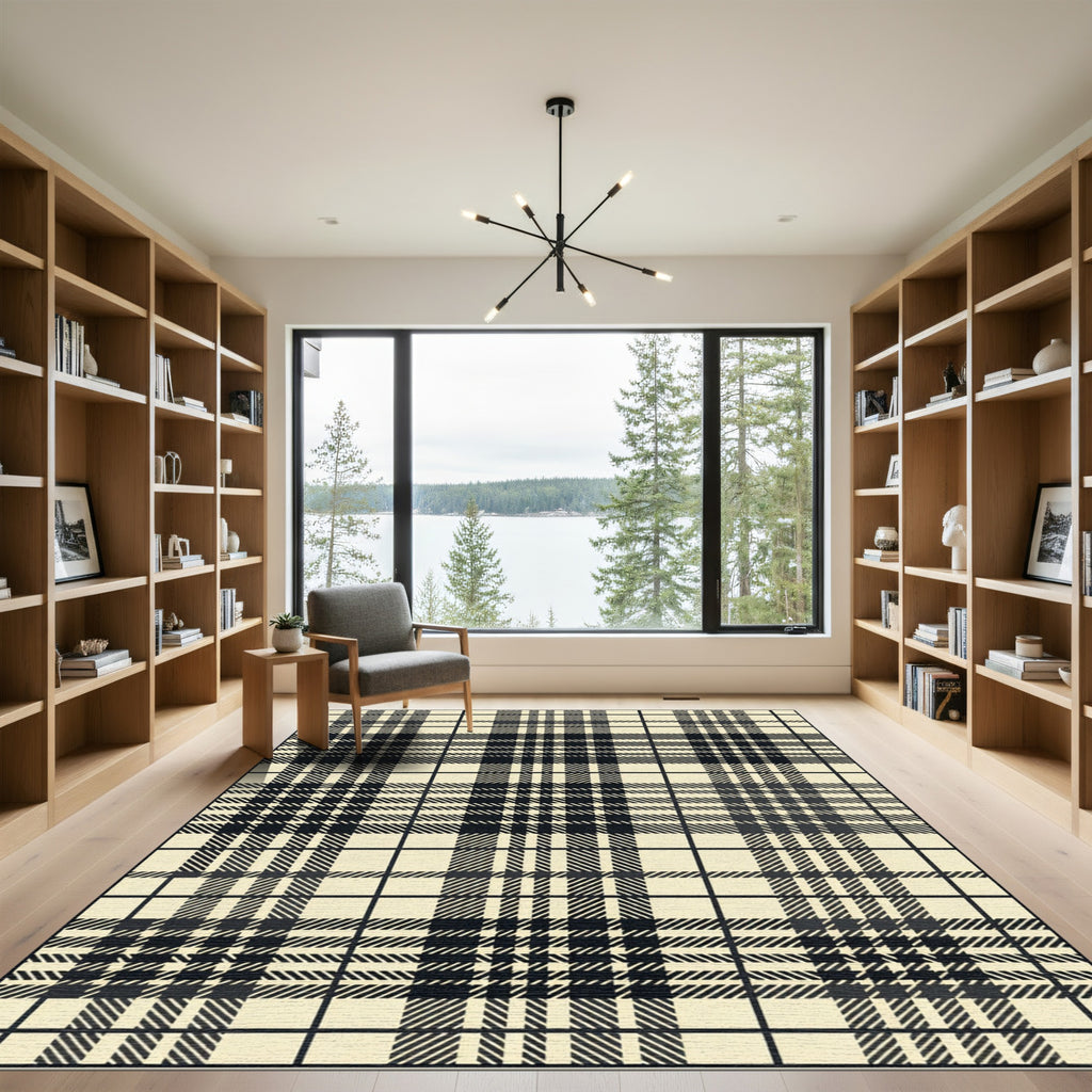 Classic Black Cream Plaid Squares Rug