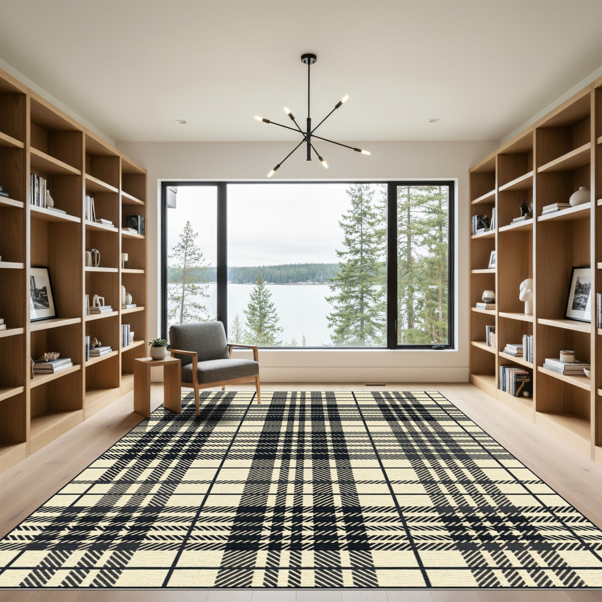 Classic Black Cream Plaid Squares Rug