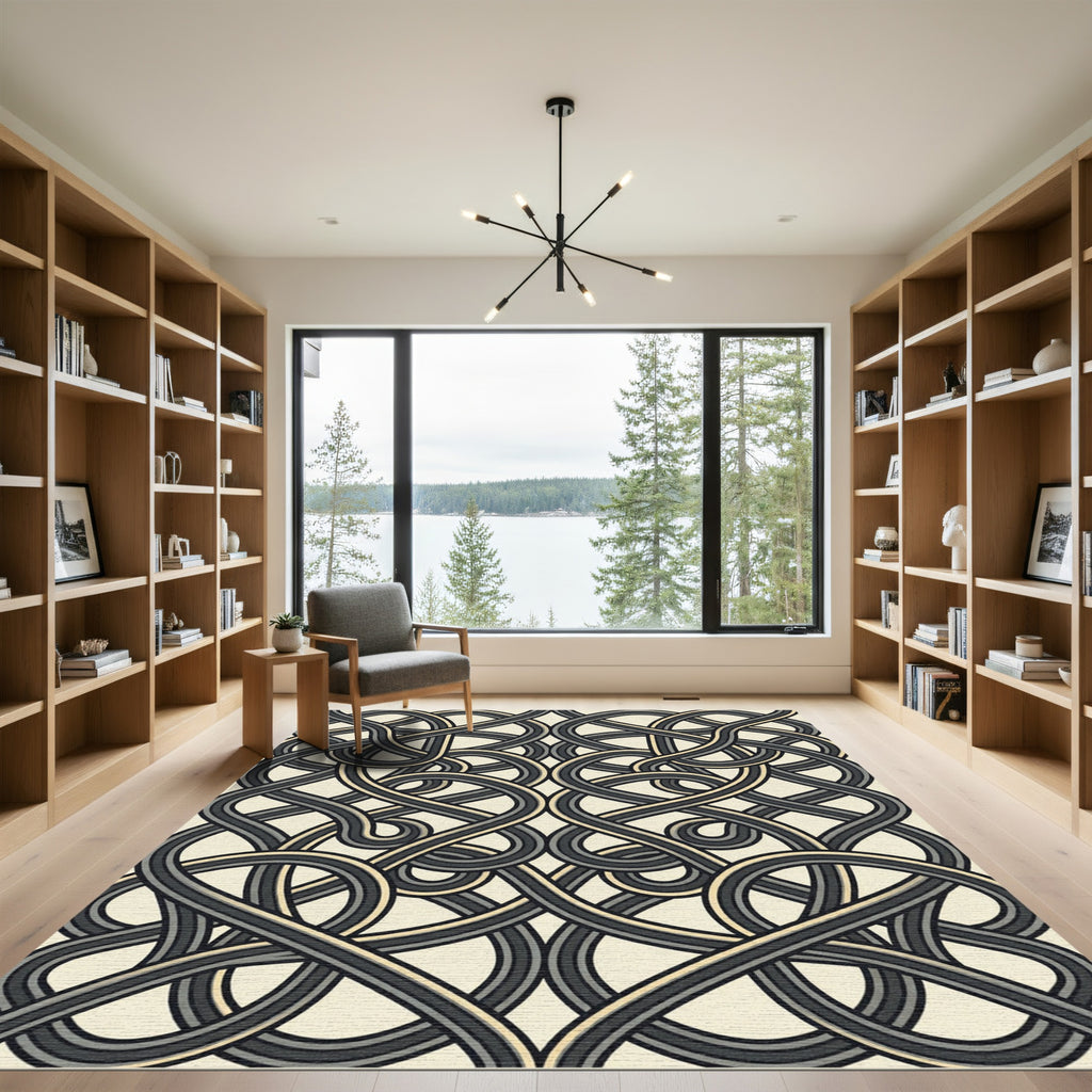 Monochrome Interlocking Abstract Linear Curve Rug