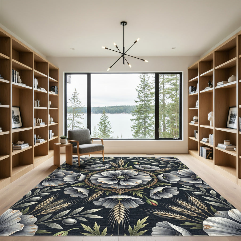 White Poppy Wheat Botanical Medallion Rug