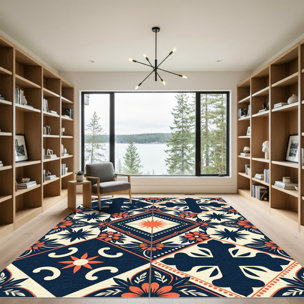 Navy and Orange Floral Geometric Tile Rug