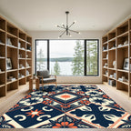 Navy and Orange Floral Geometric Tile Rug