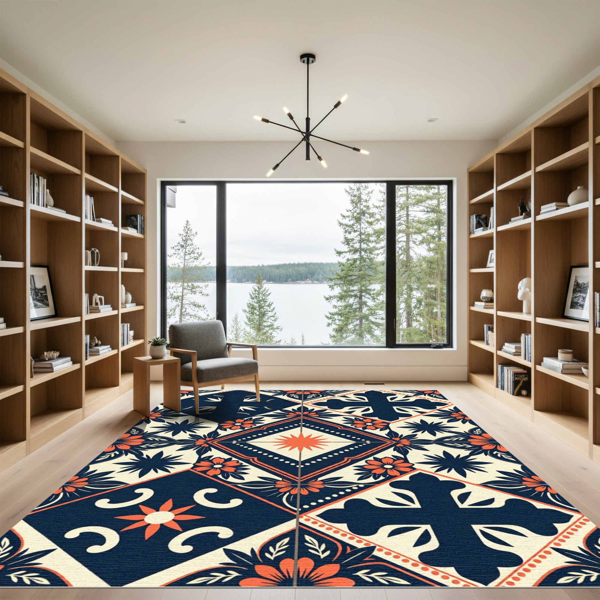 Navy and Orange Floral Geometric Tile Rug