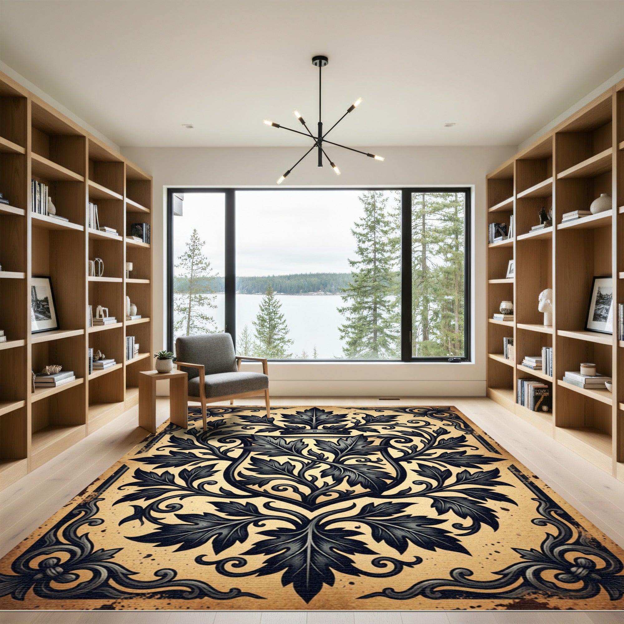 Ornate Charcoal Leaf Crest Archival Rug