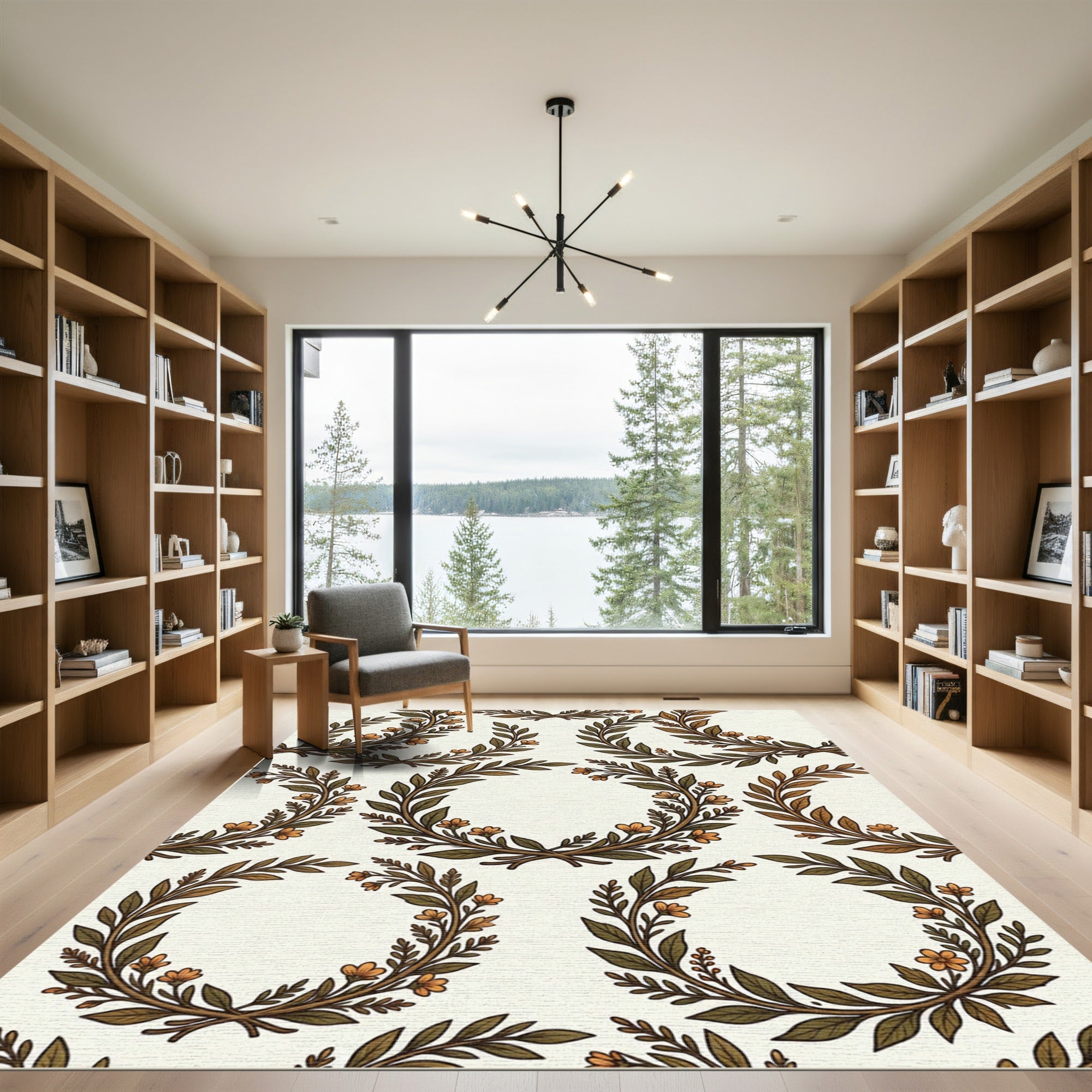 Earthy Green Orange Floral Wreath Rug