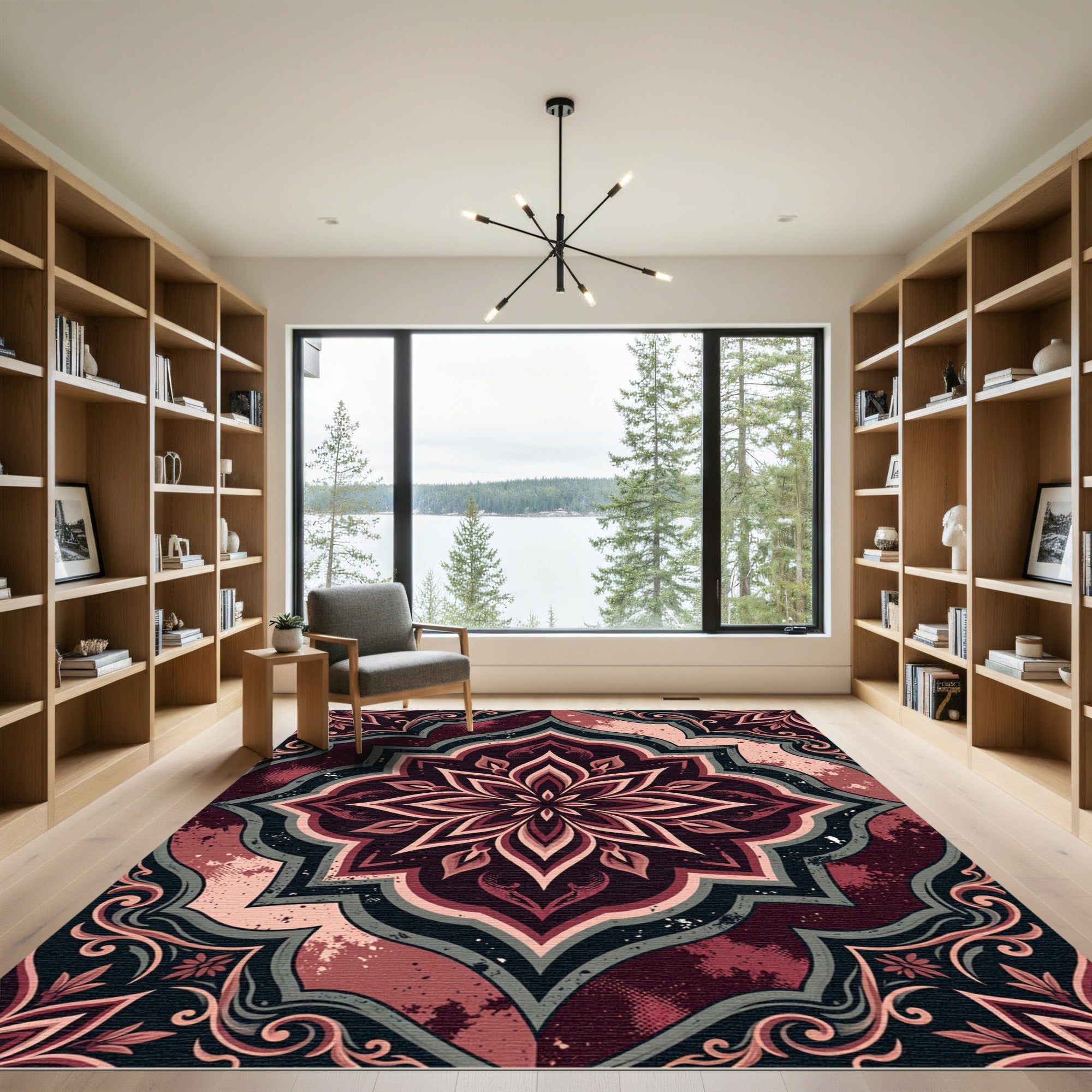 Ornate Crimson Floral Damask Mandala Rug