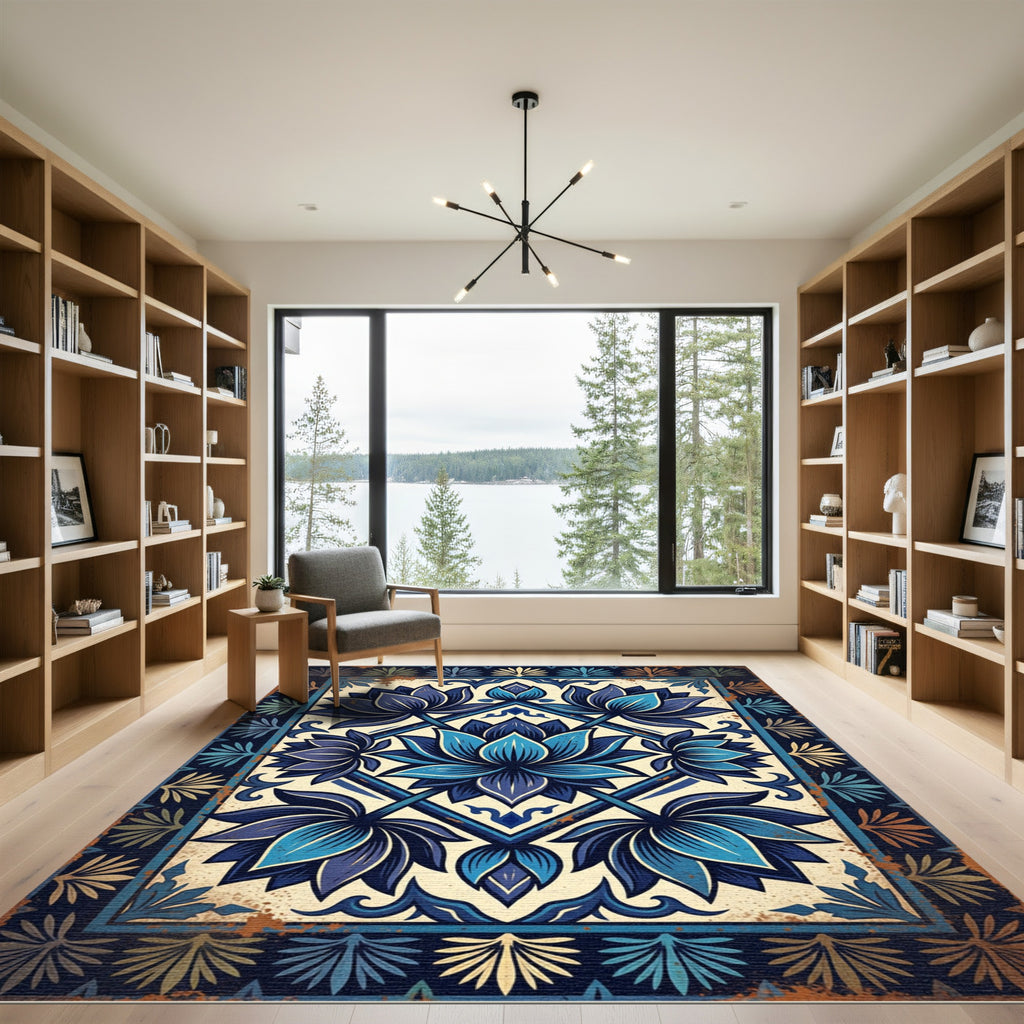 Deep Blue Lotus Mandala Rug