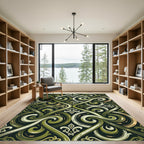 Olive Green Scrolling Damask Swirl Rug