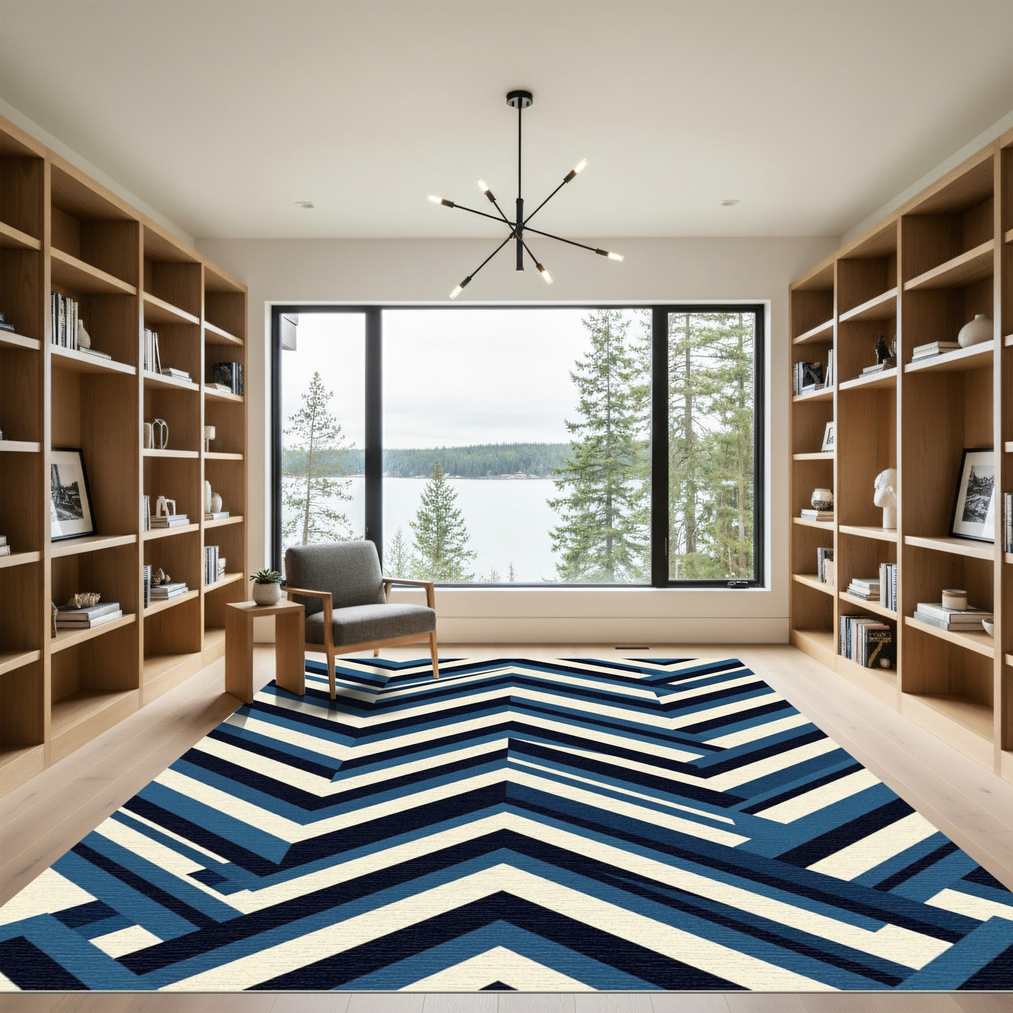 Geometric Chevron Blue Ivory Rug