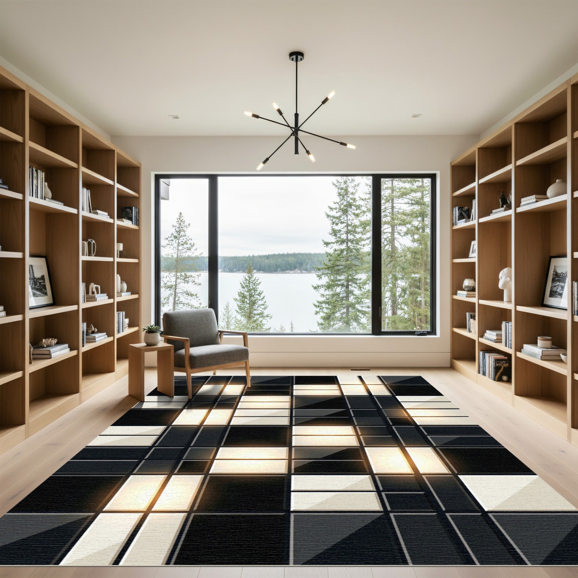 Modern Monochromatic Grid Glowing Square Rug
