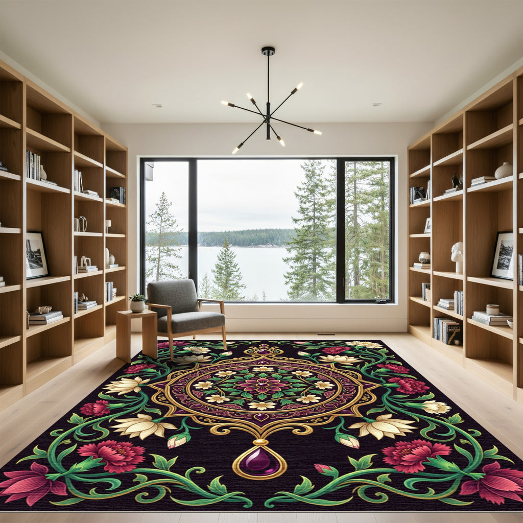 Ornate Floral Medallion Jewel Art Rug