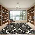 Black Cream Ornate Floral Lattice Rug