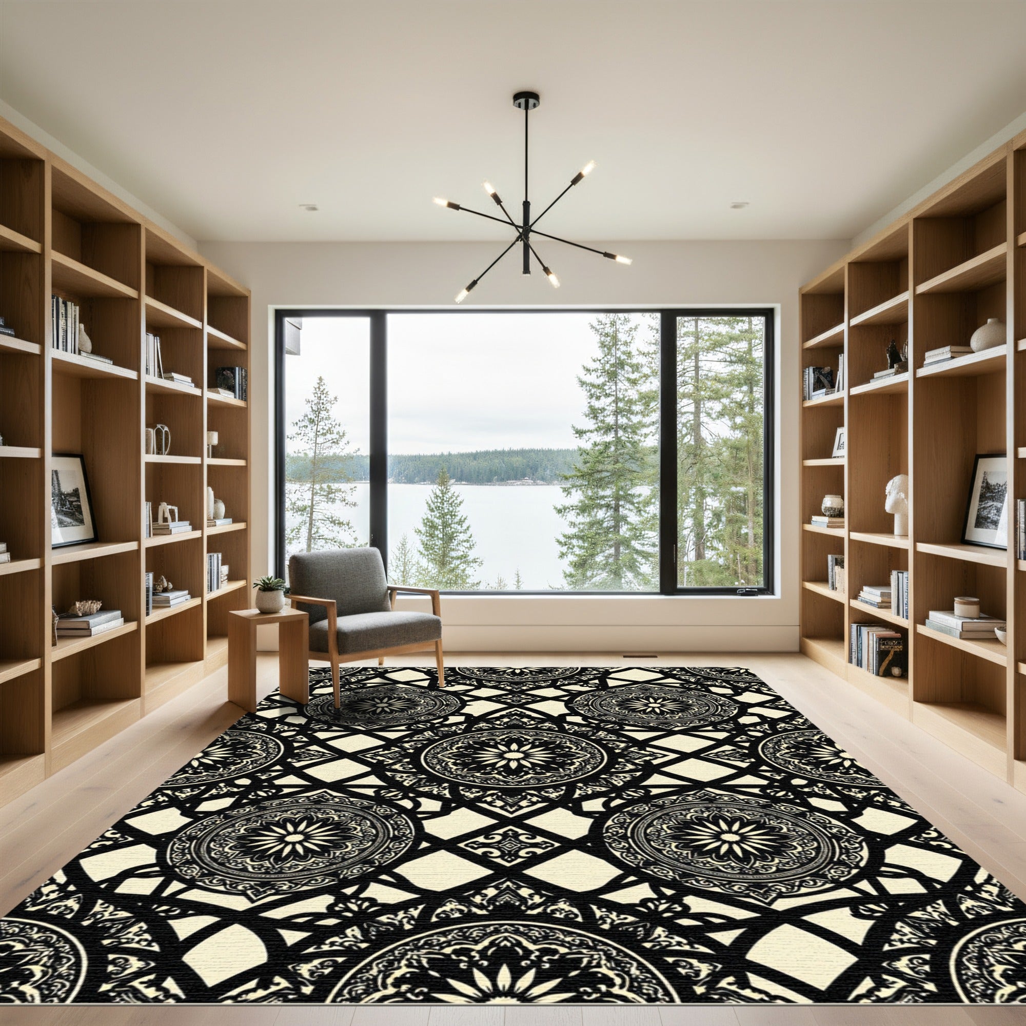 Black Cream Ornate Floral Lattice Rug