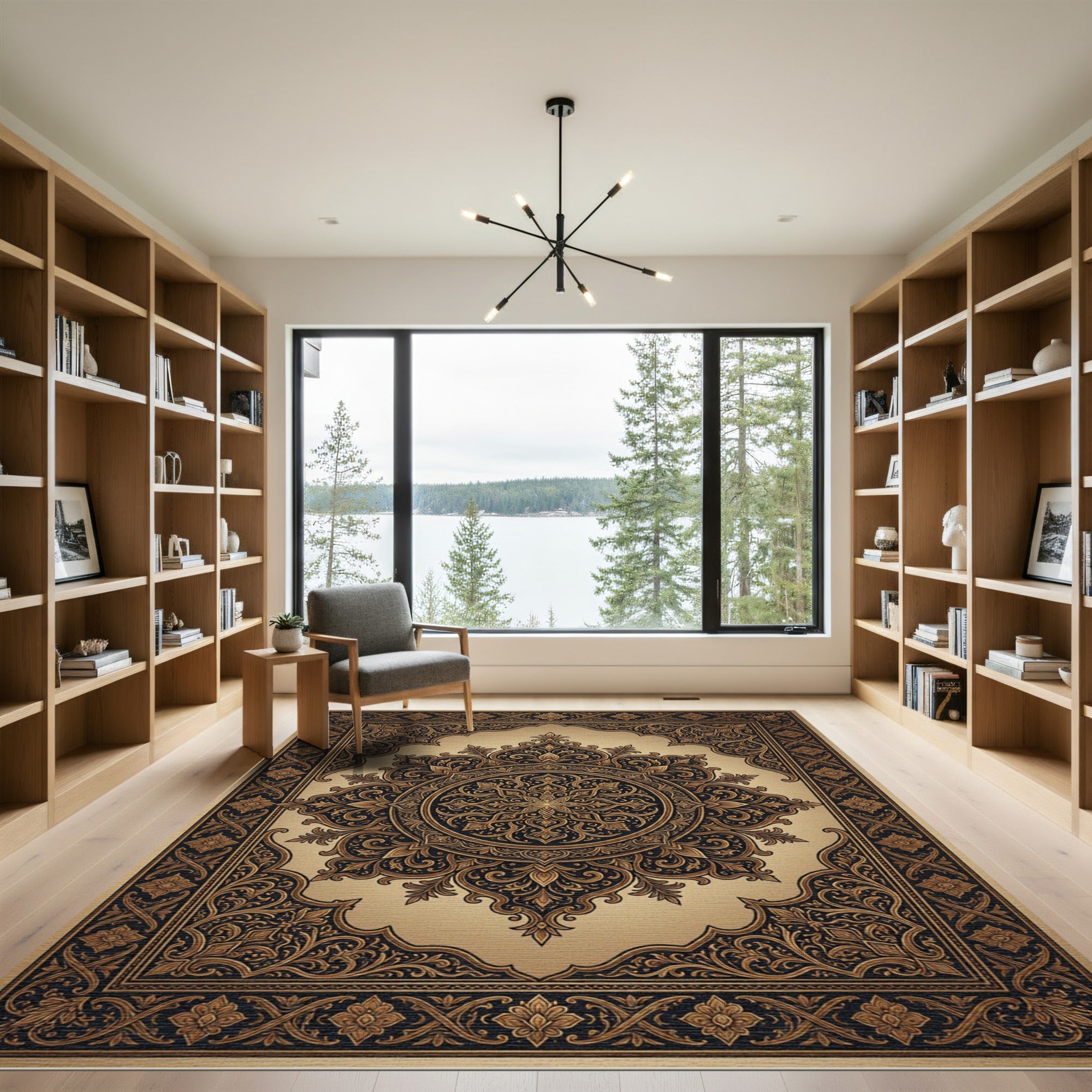 Ornate Black Gold Mandala Rug
