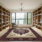 Elegant Burgundy Acanthus Curio Bordered Frame Rug