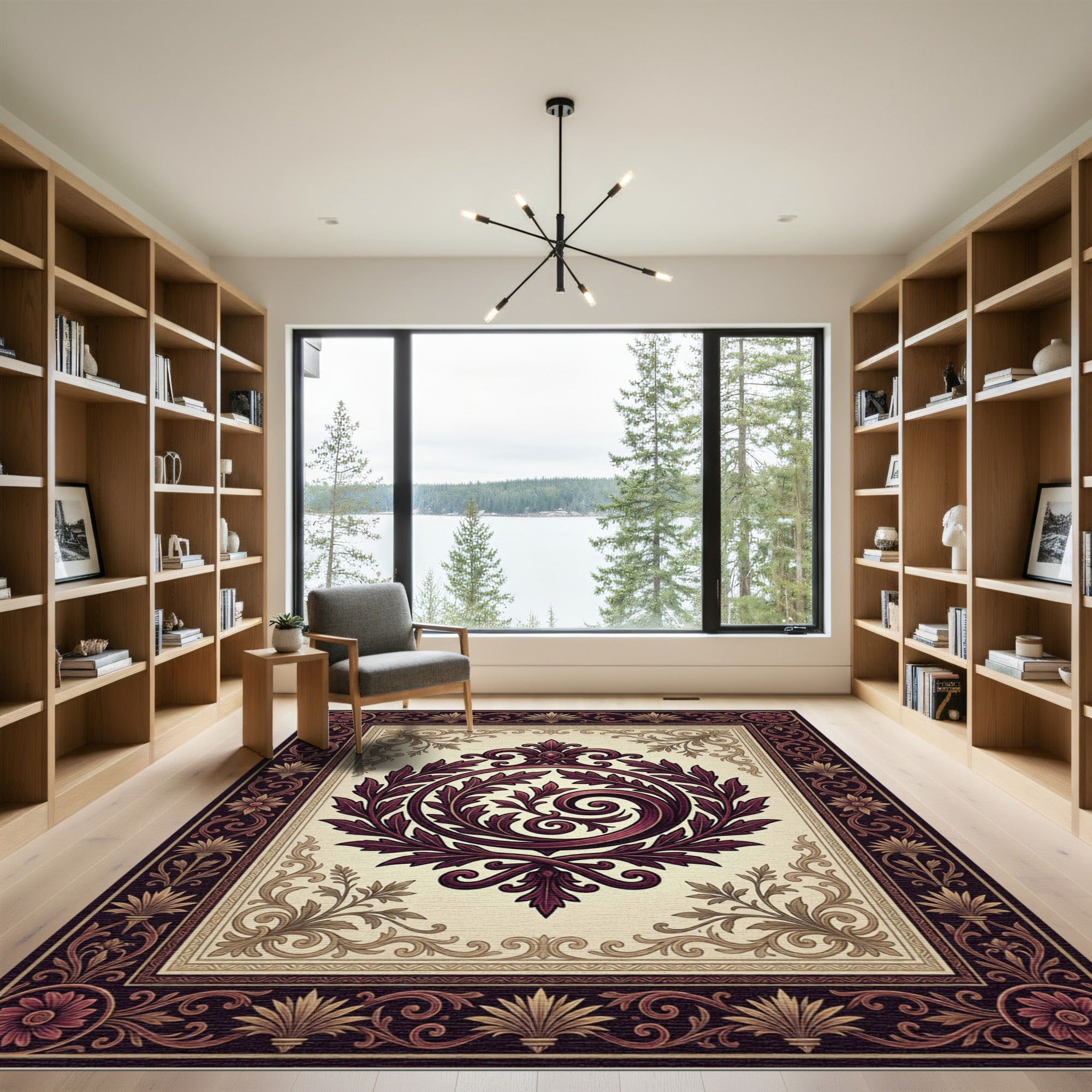 Elegant Burgundy Acanthus Curio Bordered Frame Rug