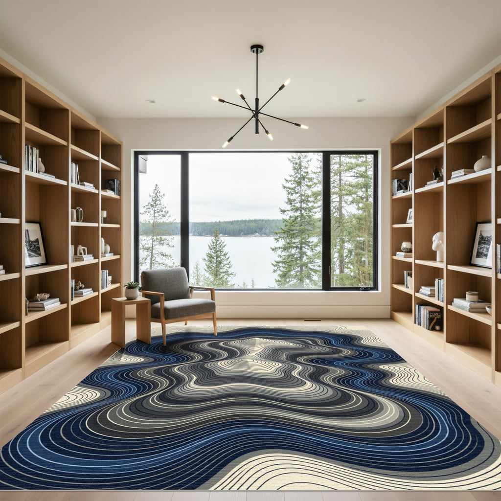 Modern Navy Blue Topographic Contour Wave Rug