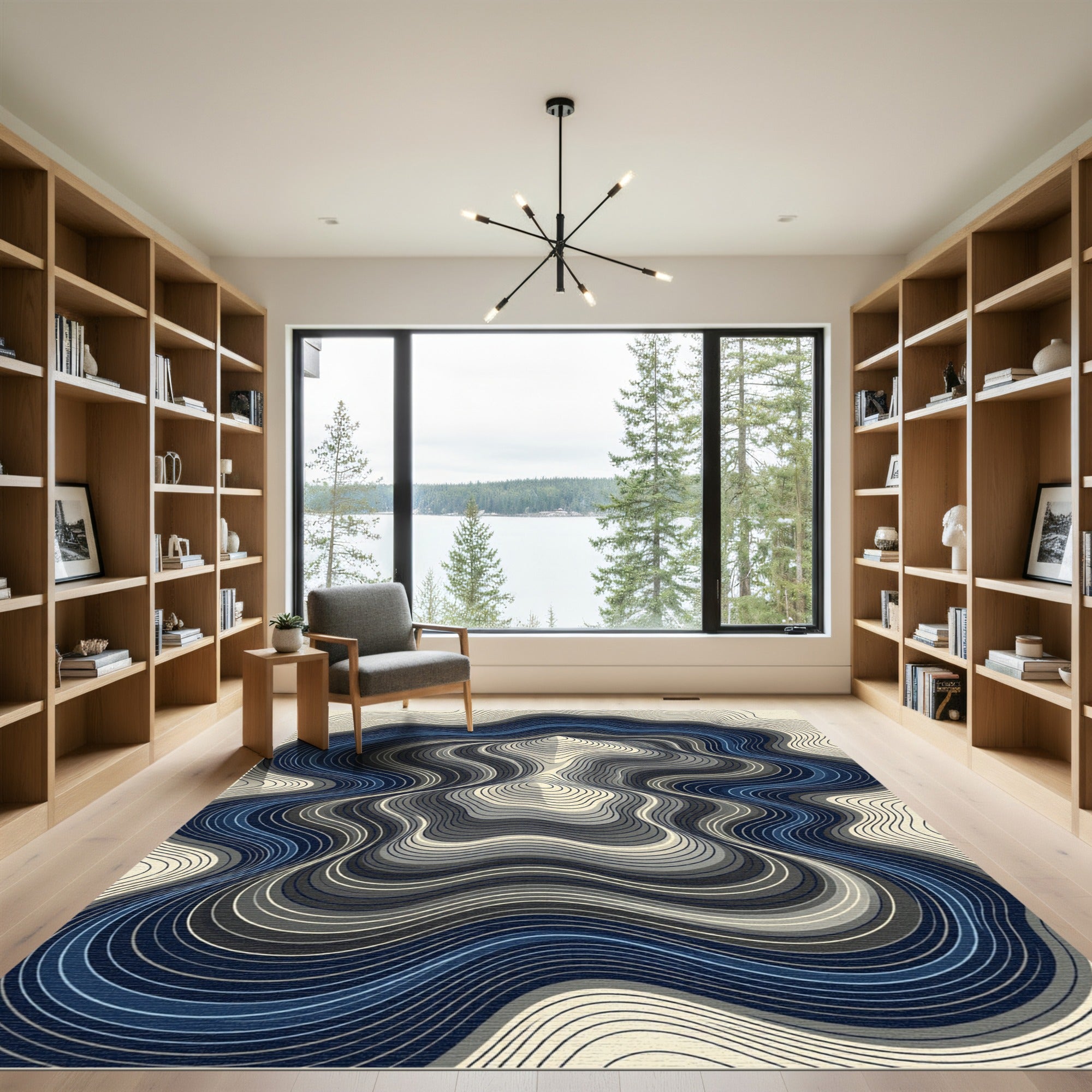 Modern Navy Blue Topographic Contour Wave Rug