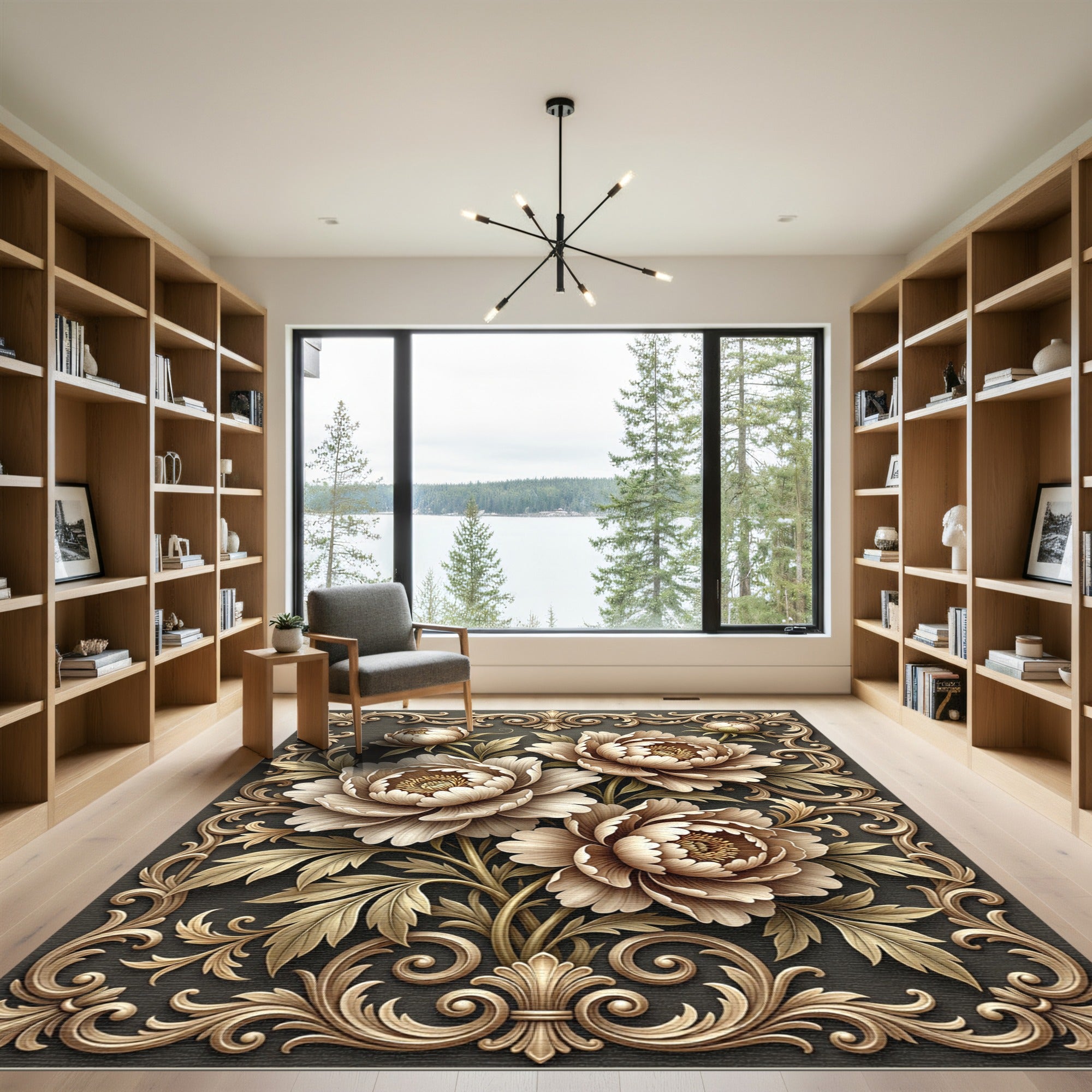 Golden Floral Scrollwork Peony Rug